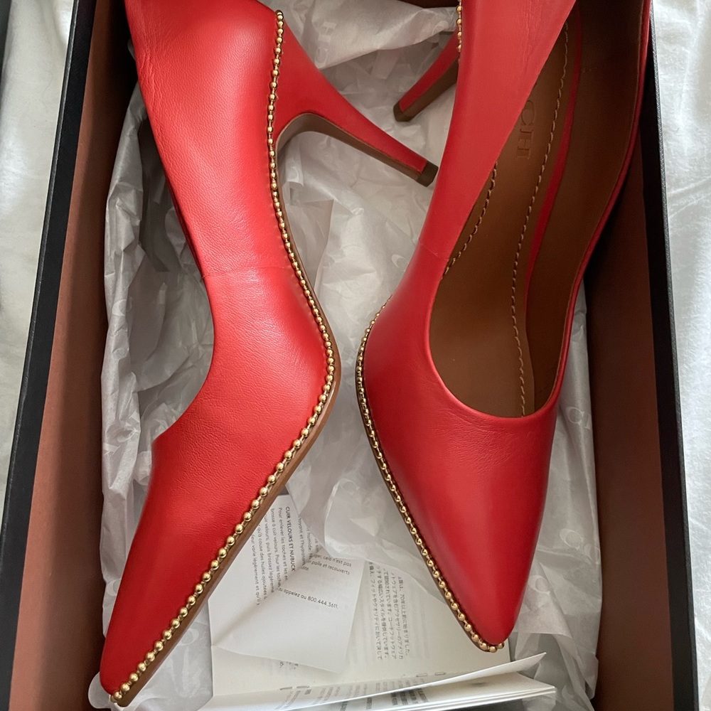 Brand New Red Orange Coach pumps w gold accents